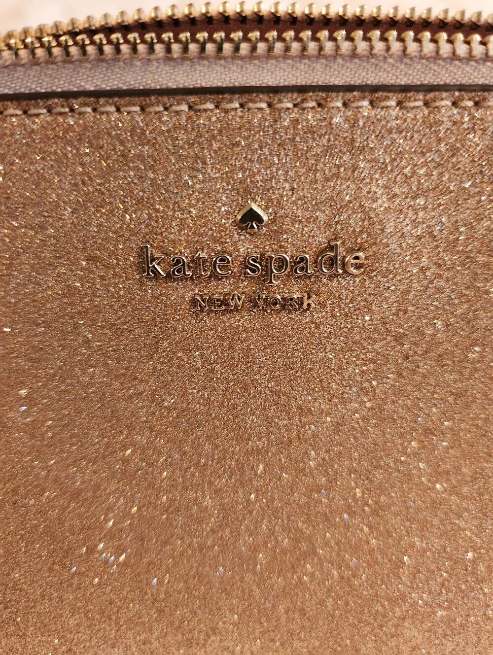 Kate Spade New York Shimmy Glitter Cosmetic Case in Rose Gold Make-up Travel EUC